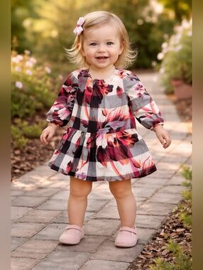 Burberry Nova Check Floral Dress Red 100% Cotton Baby Girl Toddler 12 Months